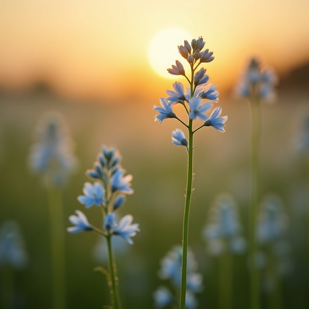 Blühendes Flachsfeld mit kleinen blauen Blüten im warmen Abendlicht